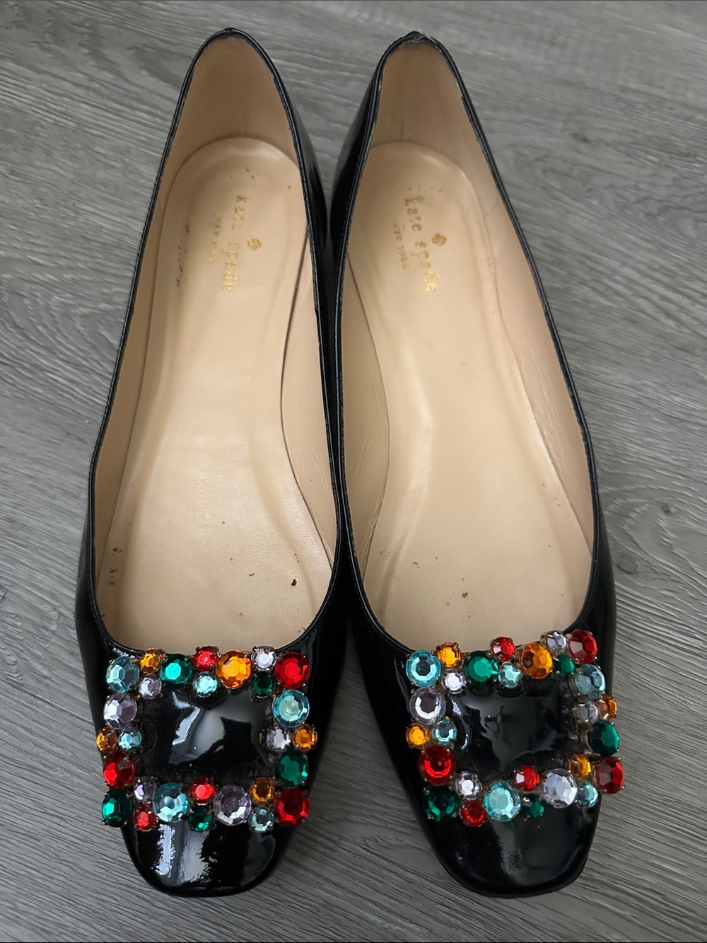 kate spade Black Patent Jeweled Square-Toe Flats